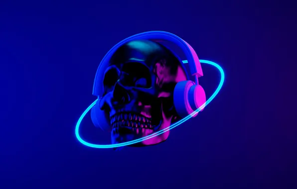 Череп, Неон, Наушники, Skull, Neon, Dubstep, темно синий