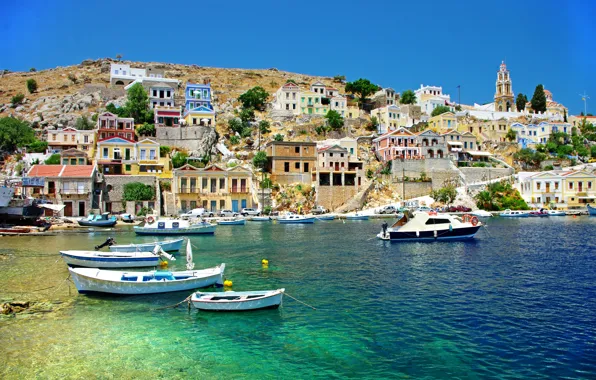 Море, побережье, дома, лодки, Греция, Greece