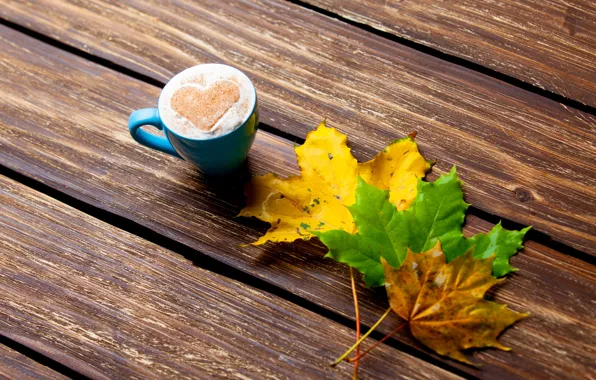 Картинка листья, сердце, colorful, heart, wood, autumn, leaves, cup