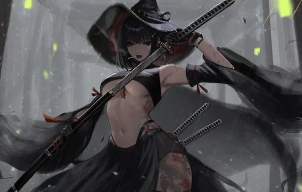 Картинка looking at viewer, short hair, Neor Art, women outdoors, women with swords, belly, armpits, big …