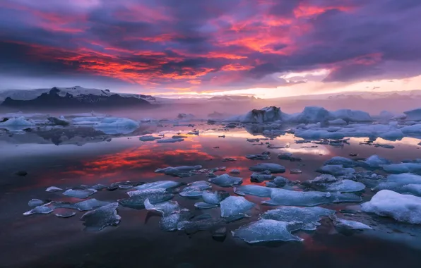 Картинка небо, облака, природа, краски, лёд, вечер, утро, Исландия