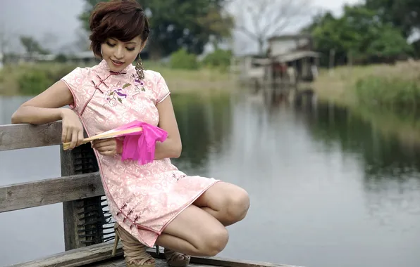 Картинка девушка, мост, озеро, Agnes Lim
