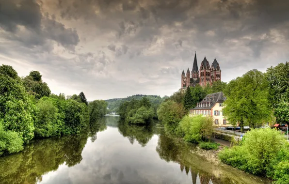 Деревья, замок, Германия, собор, Germany, городской пейзаж, Limburg, река Лена