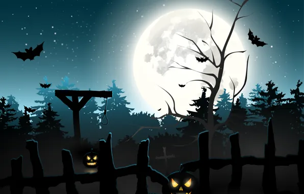 Картинка лес, кладбище, тыквы, ужас, horror, Хэллоуин, страшно, forest