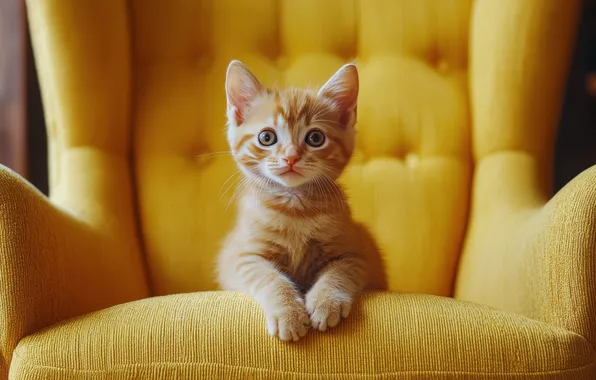 Кошка, взгляд, котенок, лапки, кресло, рыжий, лежит, мордашка