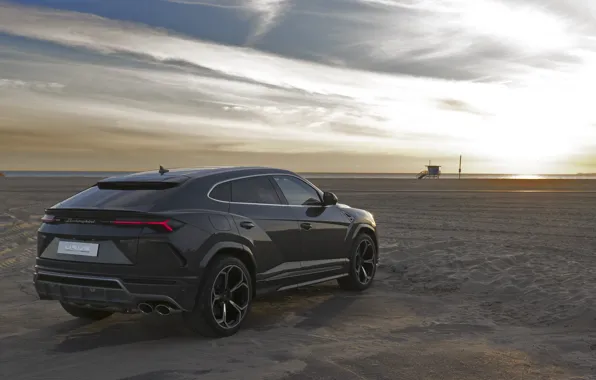 Пляж, закат, Lamborghini, 2018, кроссовер, Urus