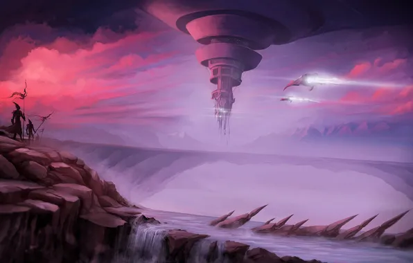 Картинка aliens, fantasy, twilight, river, sky, aircraft, sunset, science fiction
