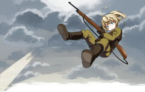 Girl, gun, soldier, sky, military, weapon, war, anime