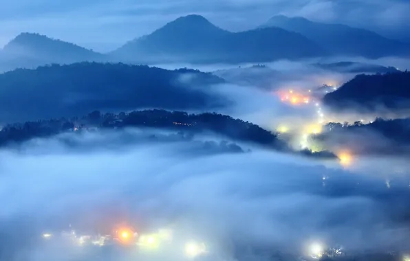 Картинка огни, туман, вечер, утро, долина
