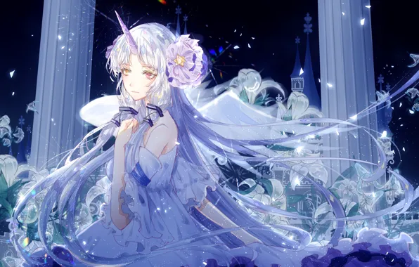 Ночь, сияние, магия, лилии, единорог, колонны, vocaloid, Stardust