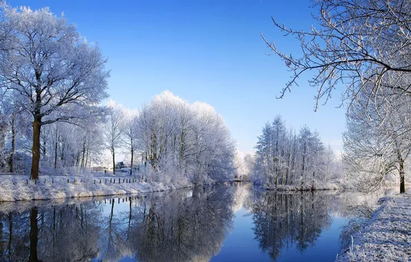 Картинка зима, небо, вода, облака, снег, деревья, отражение, река
