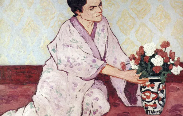 Картинка ваза с цветами, Francisco Maria Martinez Picabia della Torre, женщина в халате
