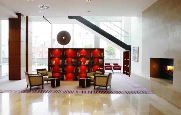 Картинка красный, дизайн, стиль, комната, интерьер, окно, кресла, лестница