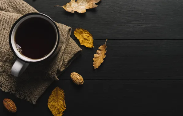 Картинка осень, листья, фон, дерево, кофе, colorful, кружка, чашка