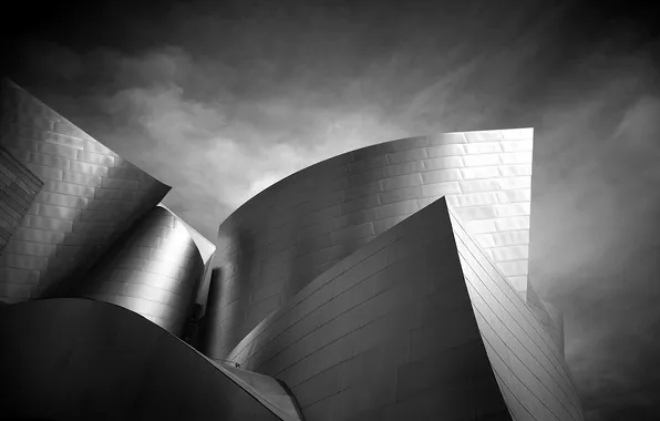 Небо, абстракция, город, здания, черно-белое, Los Angeles, Walt Disney Concert Hall