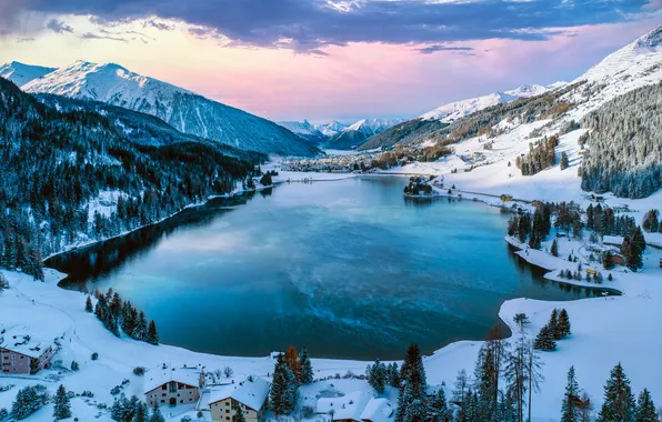Зима, снег, деревья, горы, озеро, домики, Switzerland, Davos Platz