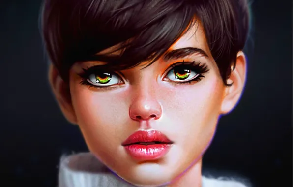 Картинка взгляд, девушка, стрижка, арт, зеленые глаза