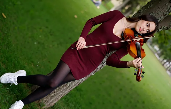 Картинка park, flirts, red dress, digital art, poses, photography, woman, violinist