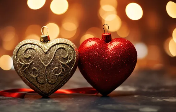 Фон, шары, сердце, Новый Год, Рождество, red, golden, new year