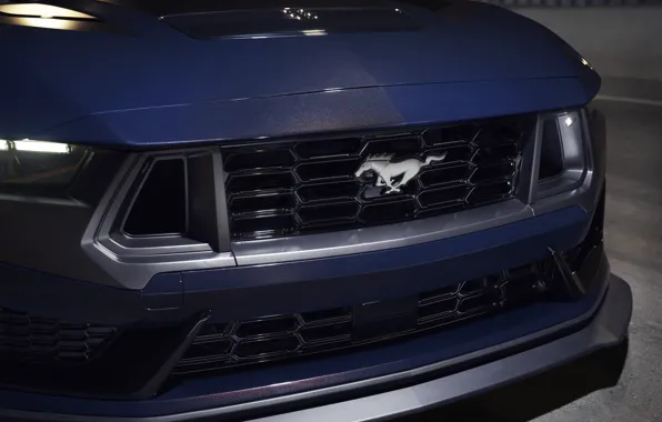 Mustang, Ford, logo, close-up, horse, front view, 2024, Ford Mustang Dark Horse