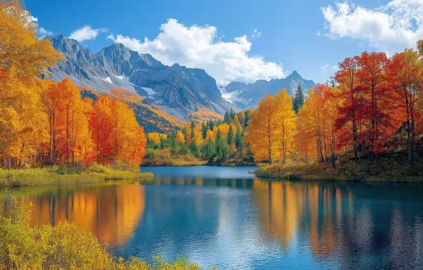 Landscape, mountains, lake, foliage