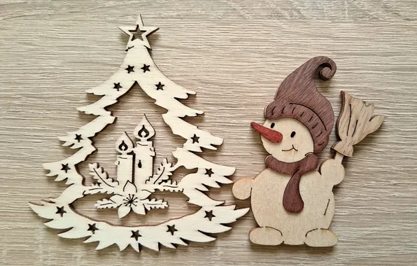 Картинка Рождество, Новый год, снеговик, ёлочка, деревянные игрушки
