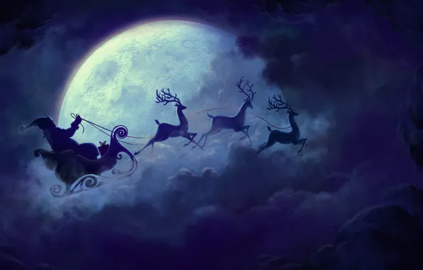 Картинка звезды, облака, ночь, луна, рождество, Новый год, сани, олени