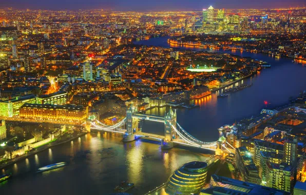 Ночь, мост, огни, река, Лондон, панорама, Великобритания, Темза