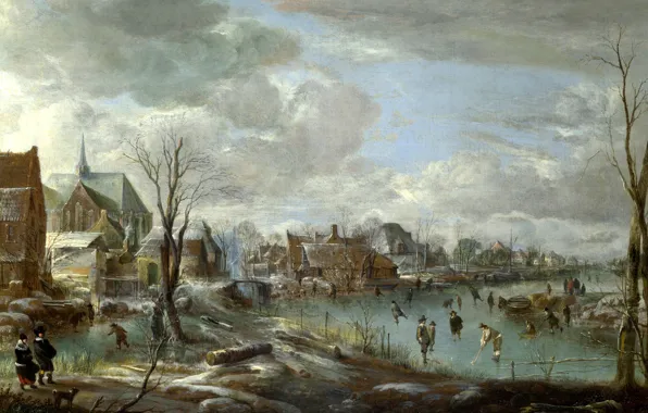 Картинка пейзаж, дома, картина, Замерзшая Река возле Деревни, Арт Ван дер Нер, Aert van der Neer