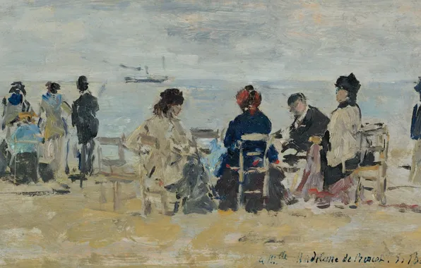 Картинка море, люди, корабль, картина, Эжен Буден, Сцена на пляже