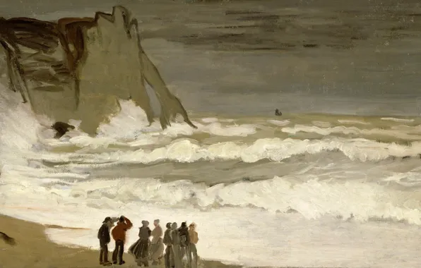 Картинка шторм, люди, берег, картина, морской пейзаж, Клод Моне, Бурное Море в Этрета