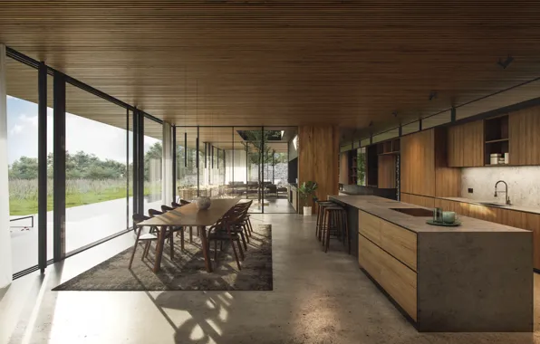 Пространство, интерьер, кухня, гостиная, столовая, Meadow House, by Strom Architects
