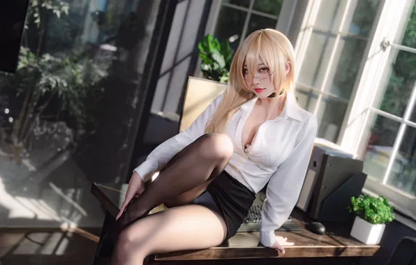 Картинка cleavage, Asian, women, cosplay, glasses, pantyhose