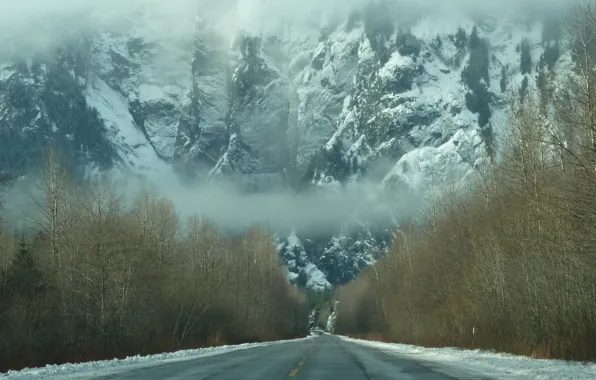 Картинка дорога, лес, снег, горы, туман, Зима, дымка