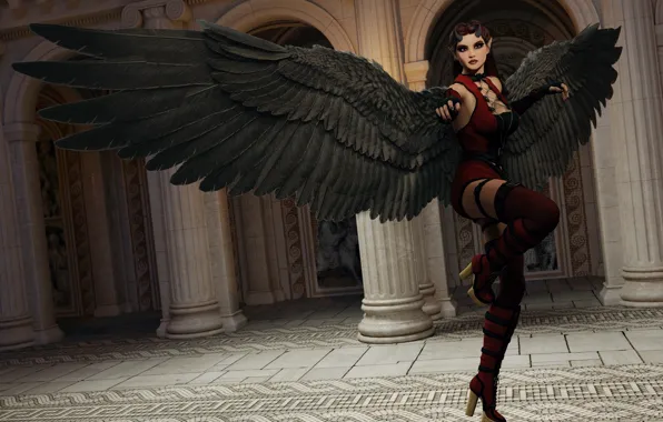 Картинка девушка, ангел, чёрные крылья