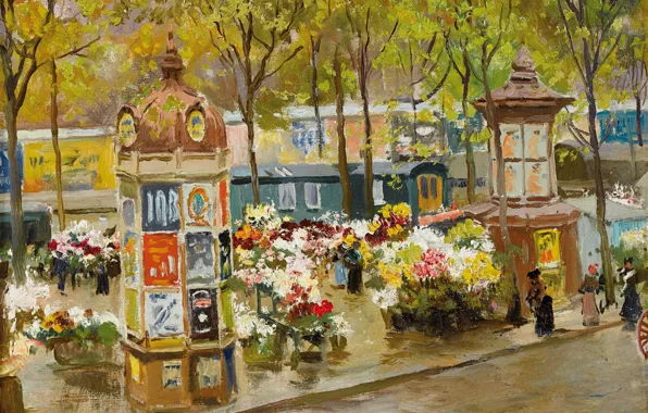 Цветы, картина, городской пейзаж, афиша, Carlo Brancaccio, Карло Бранкаччио, Бульварный Уголок в Париже