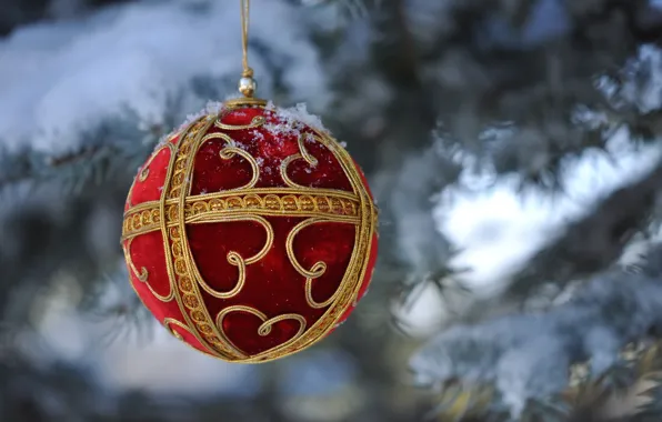 Картинка макро, снег, игрушка, елка, шарик, Новый Год, Рождество, украшение