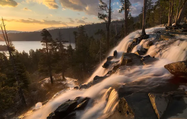 Картинка пейзаж, закат, природа, озеро, камни, водопад, поток, Калифорния