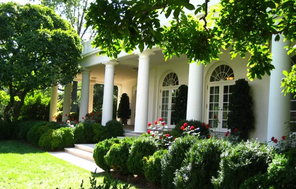 Картинка лето, дома, розы, сад, архитектура, фасад