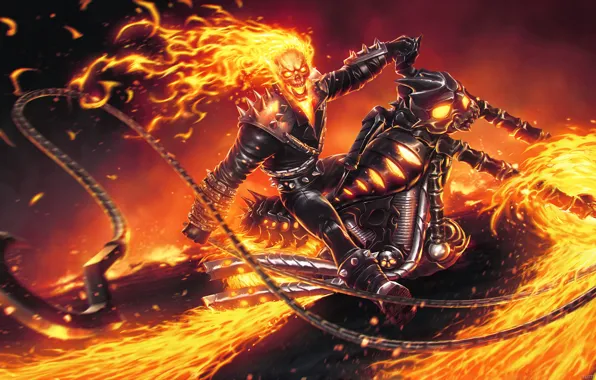 Огонь, череп, цепь, мотоцикл, fire, skull, Ghost Rider, байк