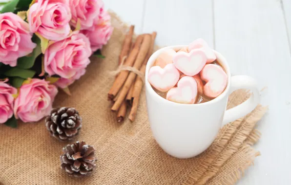 Розы, букет, чашка, сердечки, wood, pink, cup, romantic