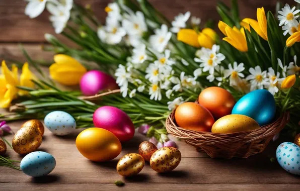 Цветы, яйца, весна, colorful, Пасха, happy, flowers, spring