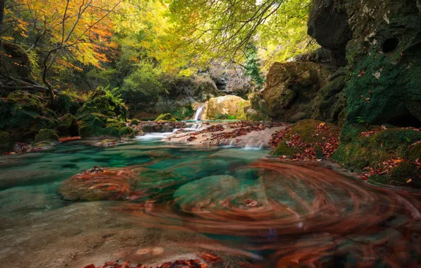 Осень, лес, река, скалы, Испания, Spain, Наварра, Navarre