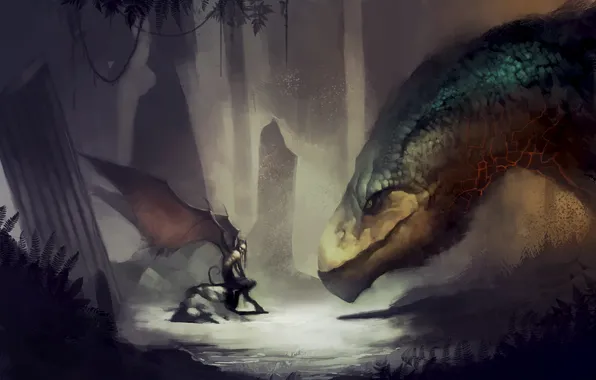 Картинка лес, дракон, темно, встреча, крылья, демон