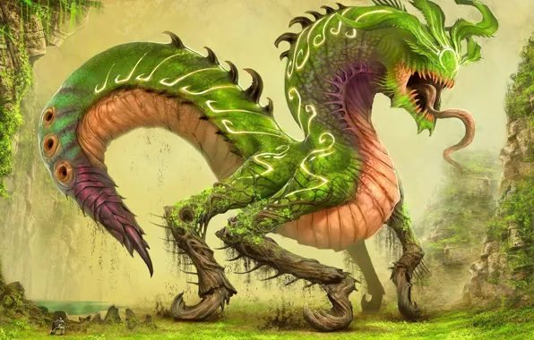 Dragon, Beast, Knight, Green Demon, Demon, Kneel