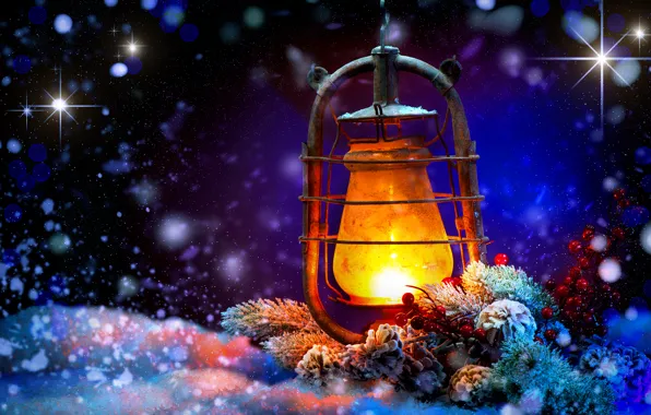Снег, ночь, Новый Год, Рождество, фонарь, Christmas, New Year, decoration