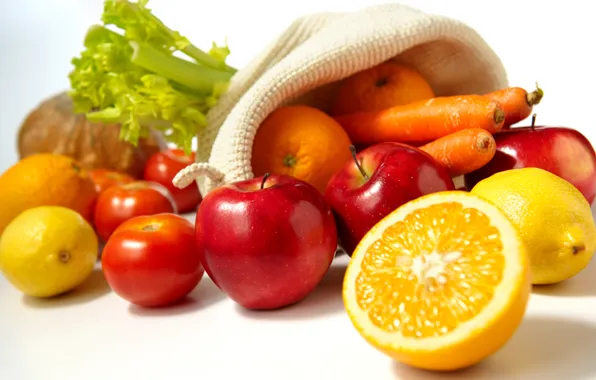 Яблоки, еда, апельсины, фрукты, овощи, помидоры, морковь, лимоны