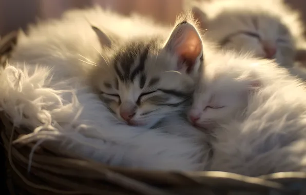 Белый, свет, кошки, котенок, вместе, сон, котята, мех