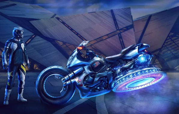 Мужик, мотоцикл, экипировка, Sci-Fi Bike