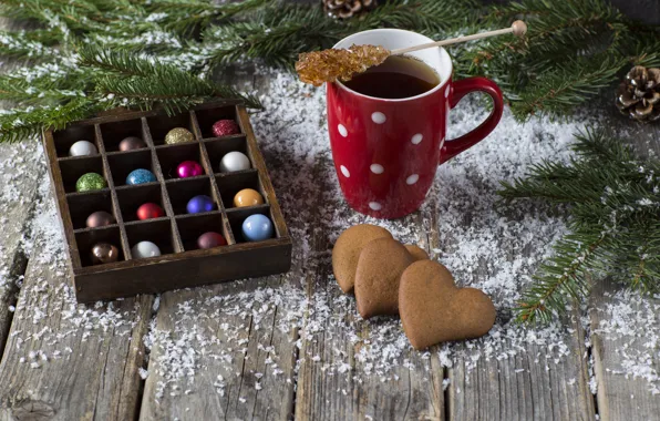 Картинка снег, украшения, Новый Год, Рождество, Christmas, snow, New Year, coffee cup